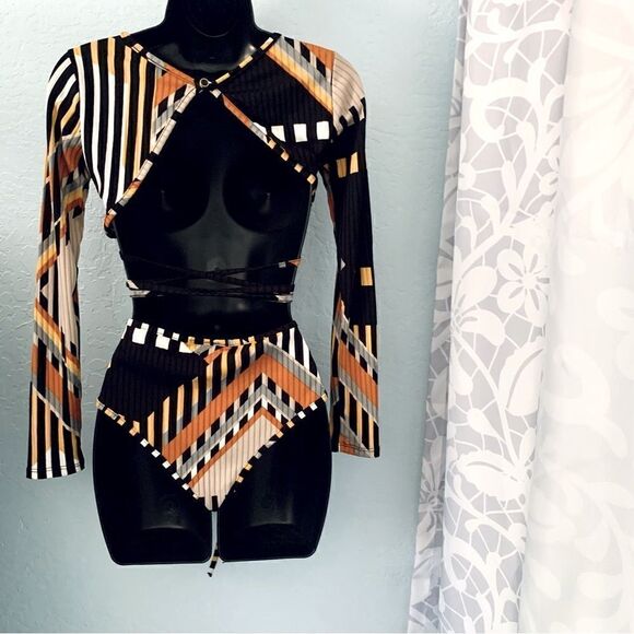 Jade Orange & Black Abstract Strappy Crop Top & Hi-Rise Boy Shorts Set Sz  Small - Picture 8 of 15